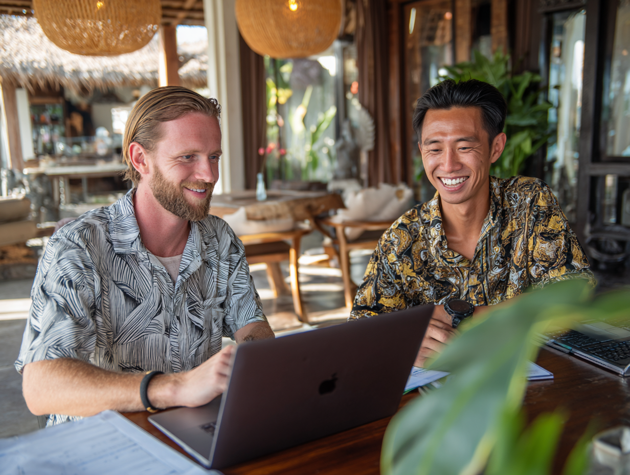 Villa owner in Seminyak with Bali staff celebrating improved villa operations and fair service charge distribution after hiring accounting service