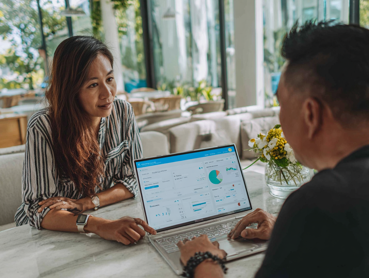 French café owner in Ubud working with Balinese accountants to digitize receipts, automate payroll, and use cloud software for tax reporting