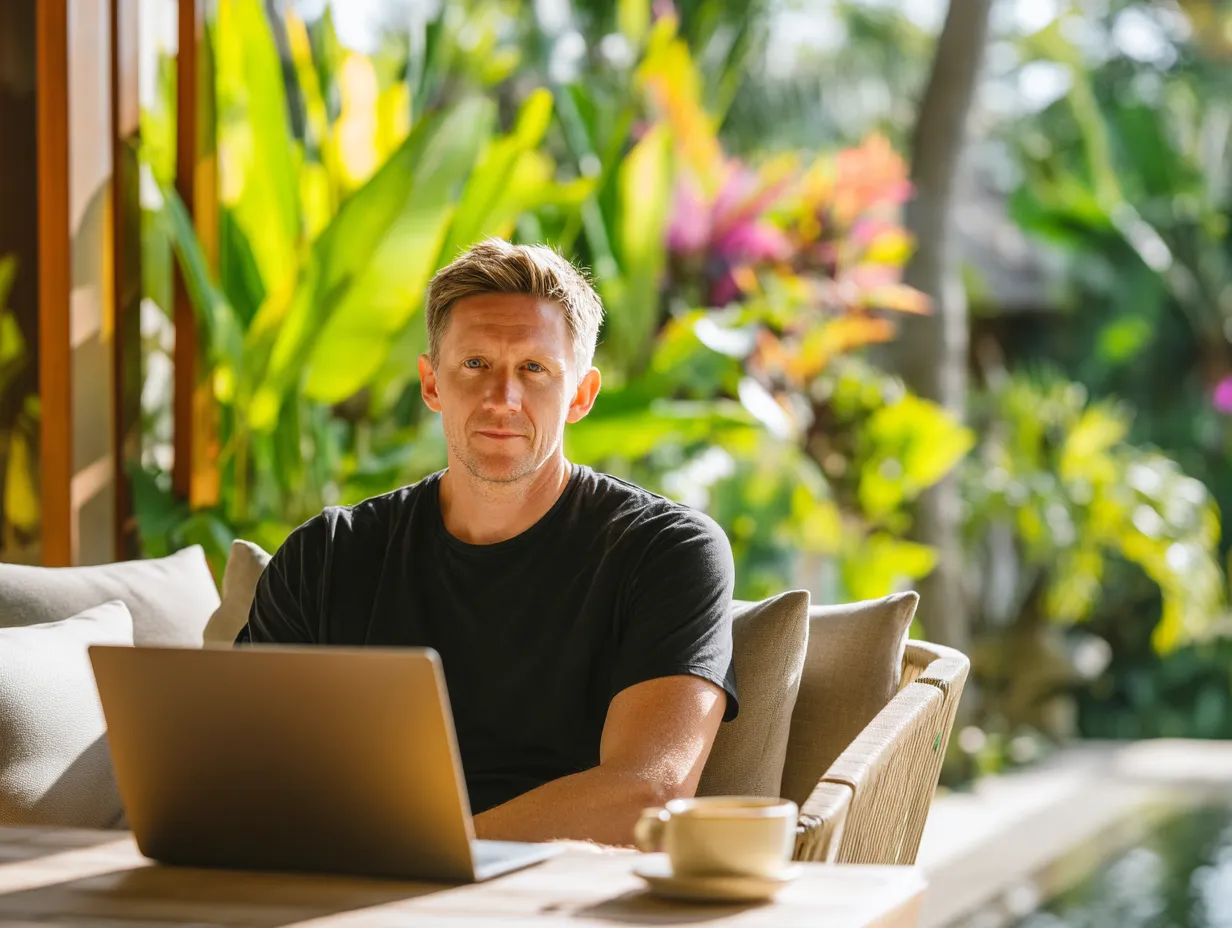 Confident foreign entrepreneur in Bali sitting outdoors with a laptop and coffee, reviewing accounting analytics under bright tropical sunlight