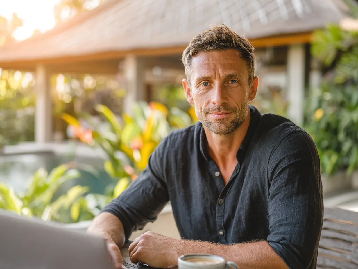 Australian entrepreneur in Bali working remotely on laptop with PT PMA virtual office setup, reviewing tax and legal documents