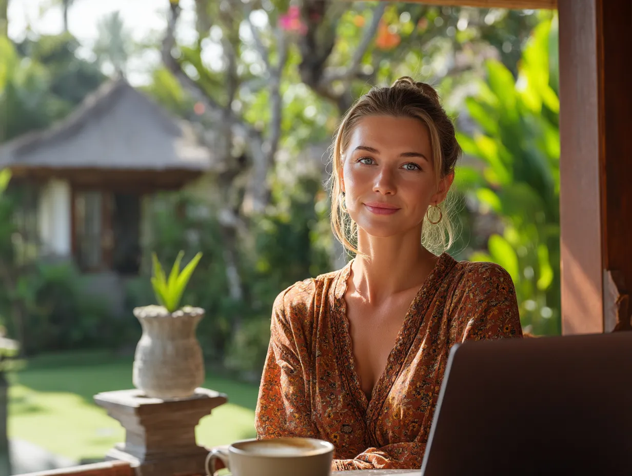 A smiling woman working remotely in a tropical Bali villa garden, with a laptop and coffee on the wooden table.