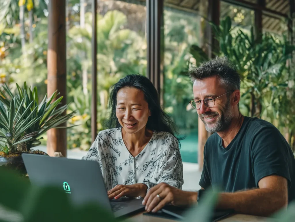 Foreign entrepreneurs working together on a laptop in a tropical Bali office, reviewing financial analytics with teamwork and trust