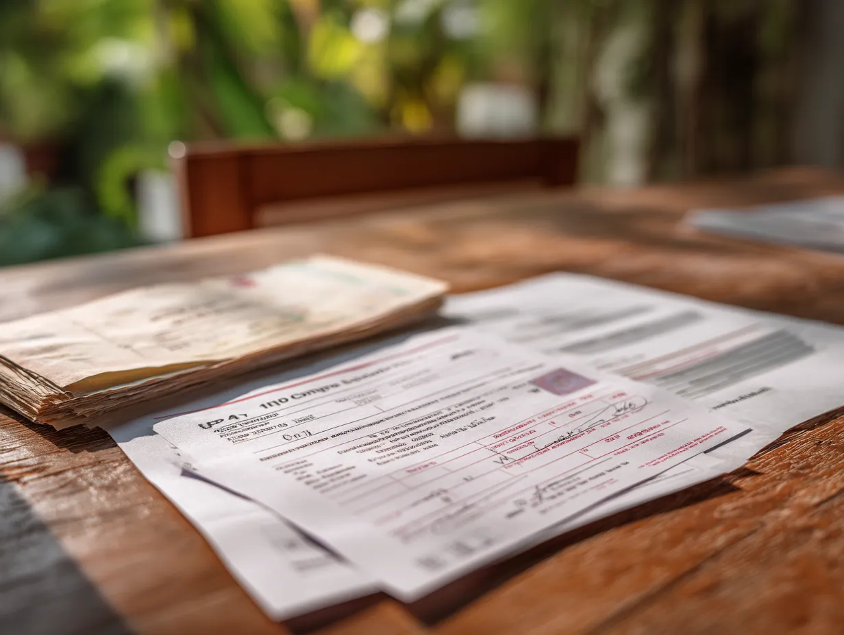Close-up of Indonesian tax documents and forms on a wooden desk in Bali, prepared for financial reporting and submission
