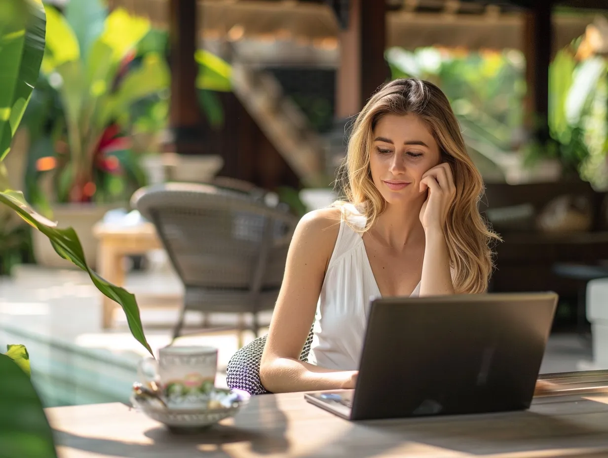 Relaxed female entrepreneur in Bali working on a laptop at a villa terrace, managing business analytics with coffee under tropical sunlight