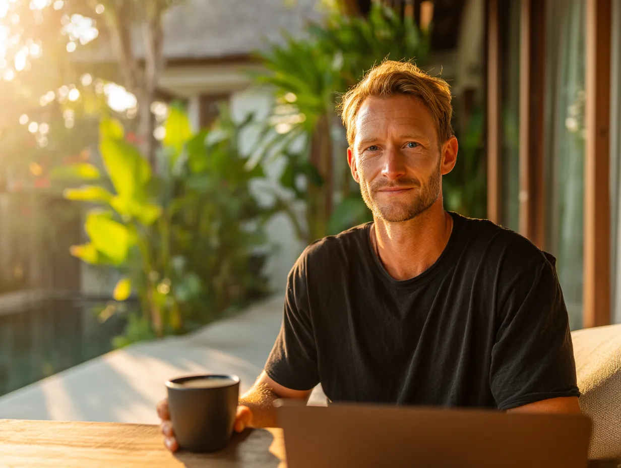 A foreign entrepreneur in Bali reviewing PT PMA tax and legal documents, managing VAT and other taxes with a laptop and coffee.