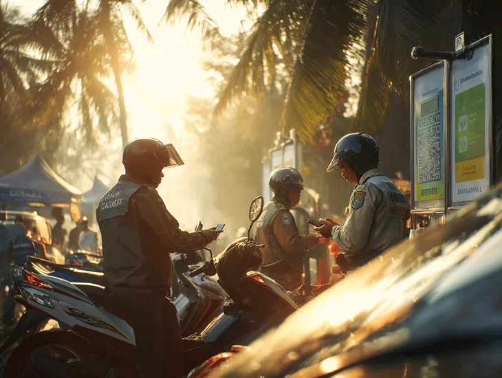 Vehicle tax renewal in Indonesia using SAMSAT Online app, showing driver checking STNK status and paying digital tax fees securely