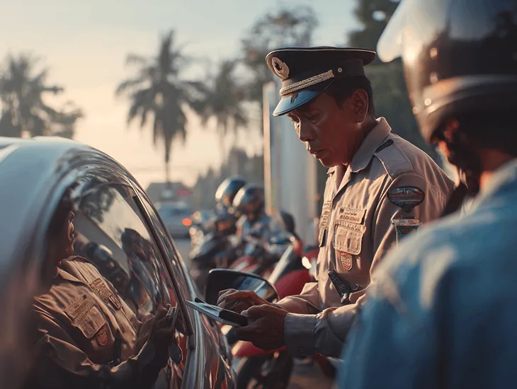 Gas station in Indonesia scanning vehicle license plate to verify active STNK and tax status before allowing subsidized fuel purchase
