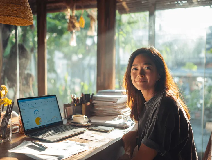 Indonesian MSME owner organizing financial records and using Coretax platform to prepare 2024 personal income tax report before March 31 deadline