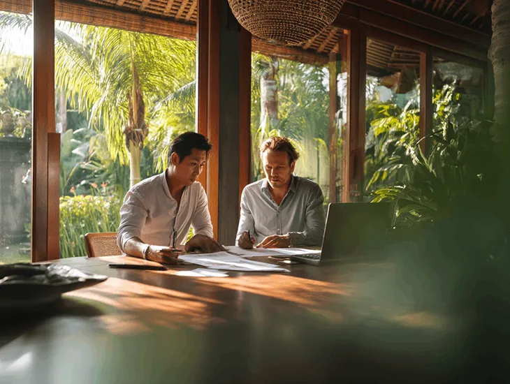 Foreign entrepreneur in Bali reviewing PT PMA online sales reports with tax consultant to prepare Coretax compliance before digital tax enforcement resumes
