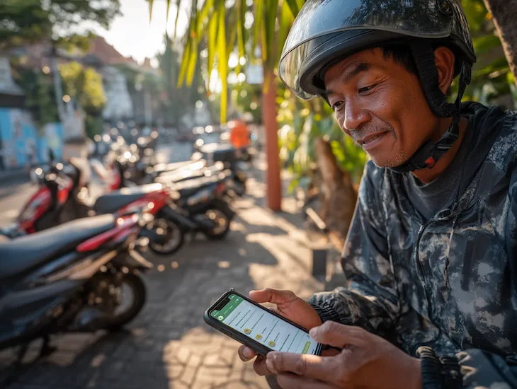 Ojol driver in Bali registering for BPJS Ketenagakerjaan 50% discount program under Indonesia’s 2025 employment policy