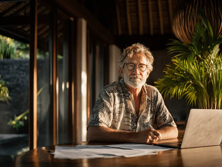 Retired PT PMA director in Bali reviewing pension tax documents with legal consultant for Coretax compliance and refund