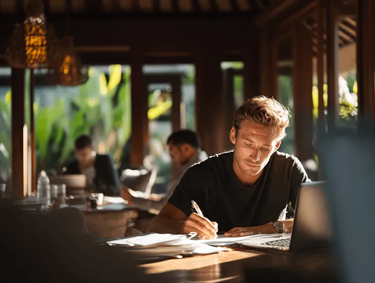 PT PMA owners reviewing tax and legal documents in Bali office, updating VAT and currency-based taxes