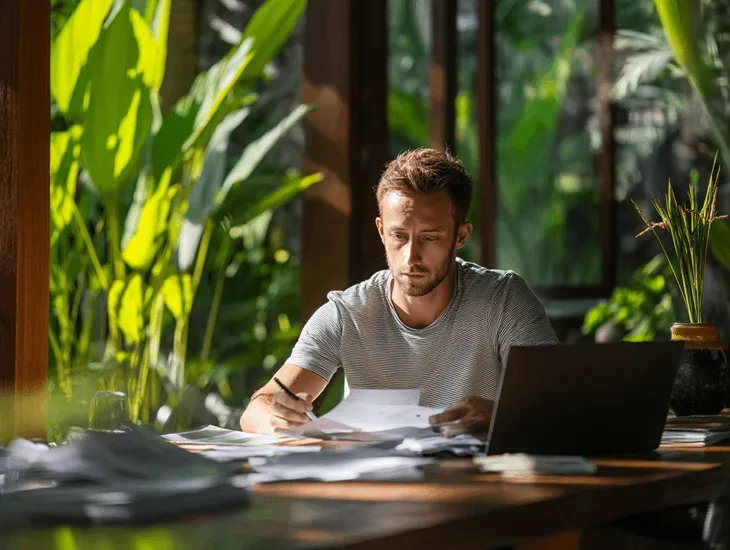 French entrepreneur managing PT PMA in Bali reviewing Coretax tax reports with consultant after exchange rate correction