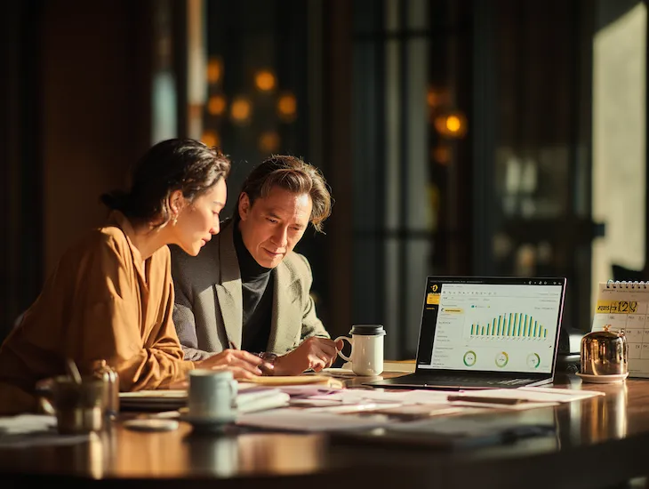  PT PMA executives in Indonesia reviewing digital tax data on Coretax 2026 dashboard, inspired by ancient Egypt’s fiscal discipline