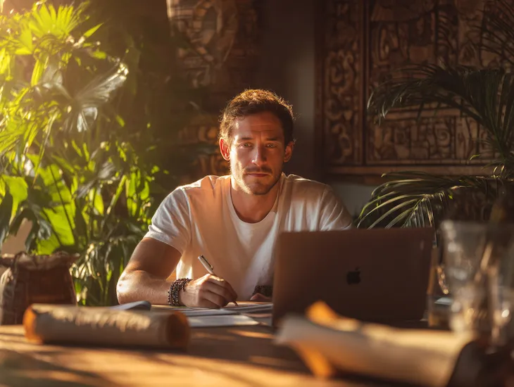 Swiss entrepreneur managing PT PMA logistics company in Bali using Coretax 2026 inspired by ancient Egypt’s structured tax record system