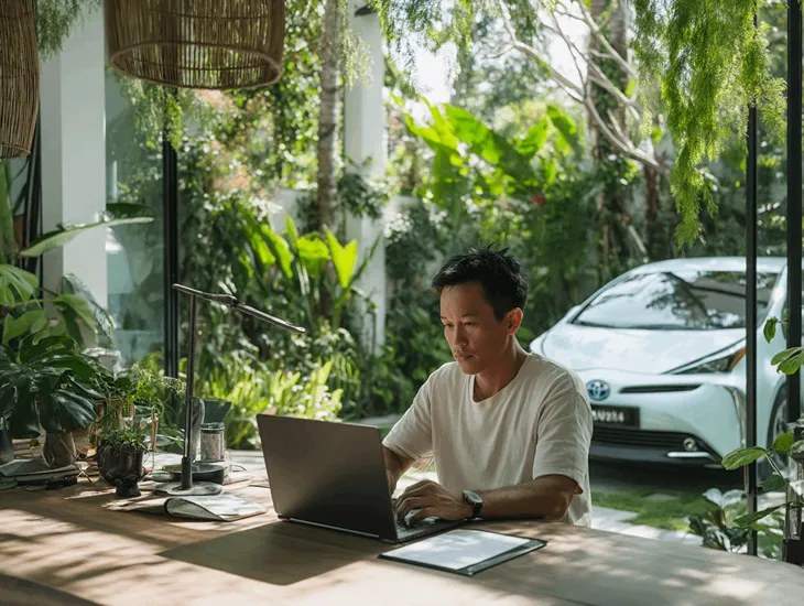 PT PMA accountant in Bali uploading electric vehicle tax documents to DJP Online while verifying PKB and BBNKB reduction approval