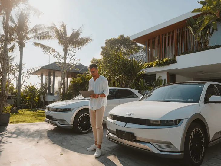 Australian PT PMA owner in Canggu reviewing electric car tax exemption documents after registering Hyundai IONIQ 5 under Indonesia’s PKB and BBNKB incentive program
