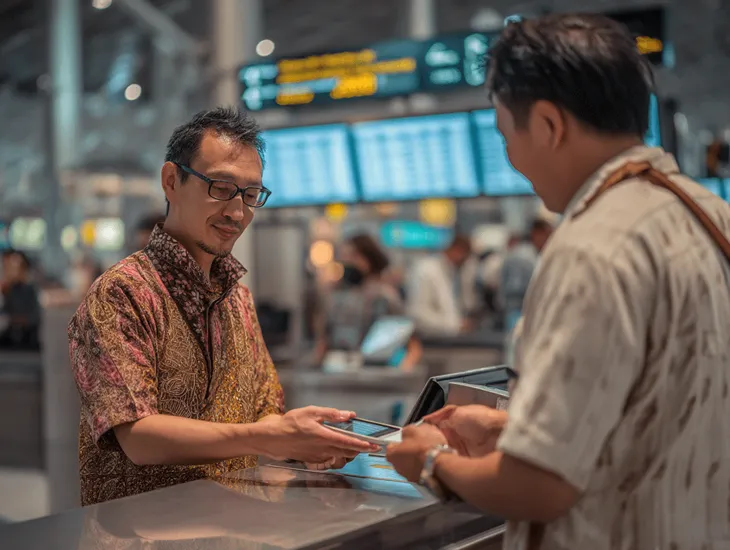 Traveler at Bali airport declaring iPhone 17 to Indonesian customs officer, showing invoice and IMEI registration for import duty and VAT compliance