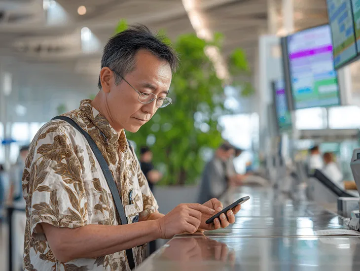 Japanese PT PMA entrepreneur in Bali showing customs officer iPhone 17 receipts and IMEI registration at Ngurah Rai Airport for import tax clearance