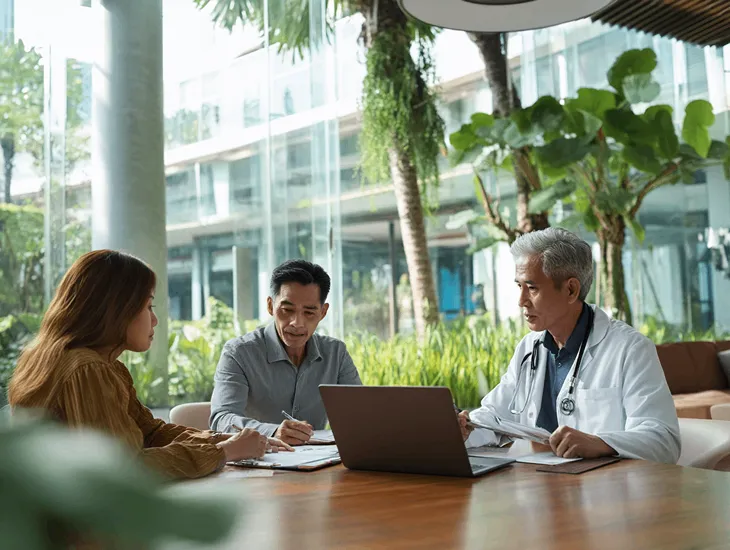 Foreign PT PMA hospital director in Bali reviewing VAT and PPh reports with Indonesian accountants, ensuring compliance with upcoming 2026 hospital tax regulations and digital Coretax updates.
