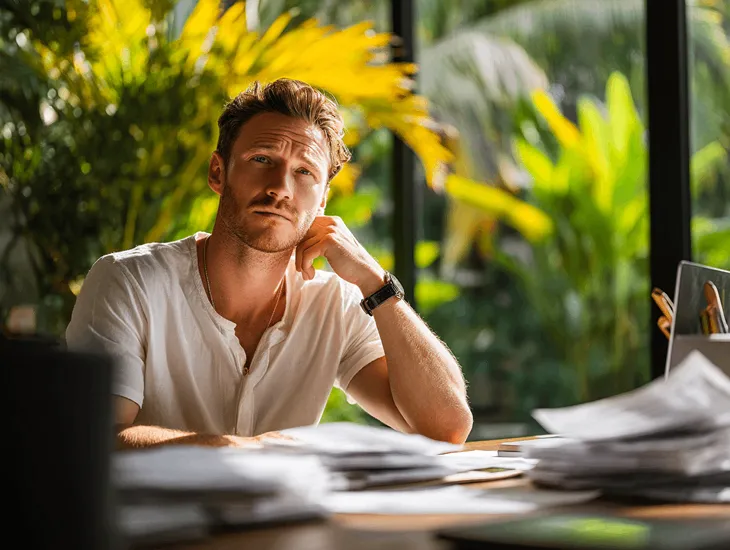 German entrepreneur Daniel Schmidt reviewing digital VAT dashboards with Bali accountants after the 2025 tax reform, showcasing faster e-Faktur refunds and improved PT PMA compliance under Purbaya Yudhi Sadewa’s fiscal policy.