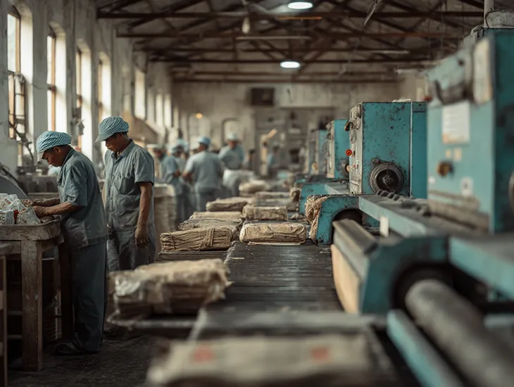 Former tobacco filter factory in East Java transformed into a modern herbal tea and aromatherapy production line, with retrained workers operating new eco-friendly equipment—showing how PT PMA restructuring turned industry decline into sustainable growth.
