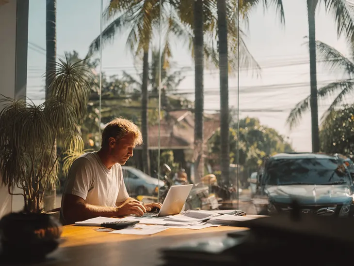 PT PMA company director in Bali reviewing 2026 PKB Indonesia eco-tax updates and paying motor vehicle tax online through Samsat Digital Nasional