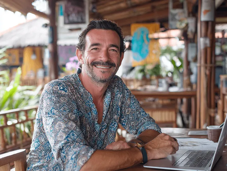 Norwegian entrepreneur reviewing PT PMA tax files in a Bali office with advisor, correcting DTP and PPh 21 report errors for compliance.