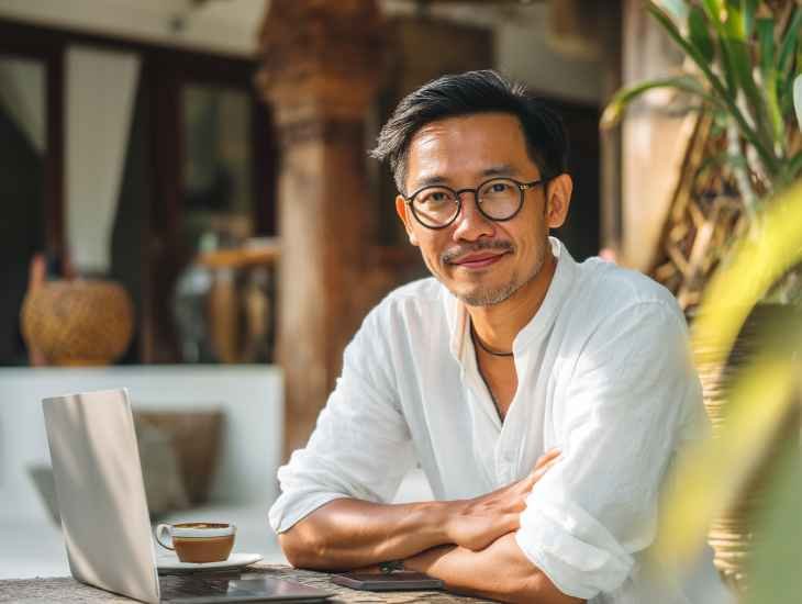  Indonesian entrepreneur in Bali reviewing financial projection and feasibility reports for PT PMA startup, analyzing cash flow and investment data.