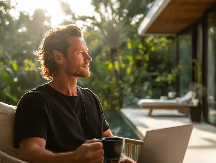 Danish entrepreneur managing PT PMA tax filings in Canggu, Bali, applying Domestic Minimum Top-up Tax via Coretax DJP under OECD PMK 136/2024 compliance.