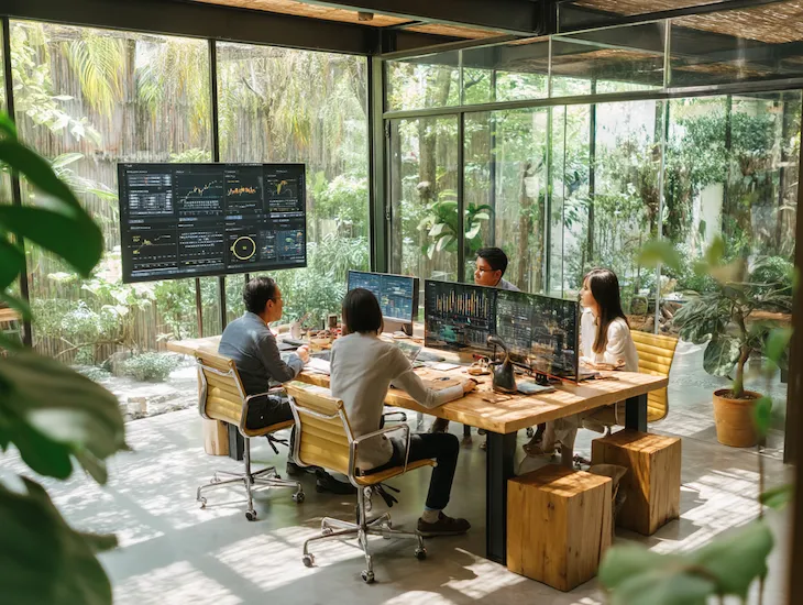 PT PMA finance team in Bali analyzing bank liquidity reports and tax compliance data under Indonesia’s 2026 fiscal policy