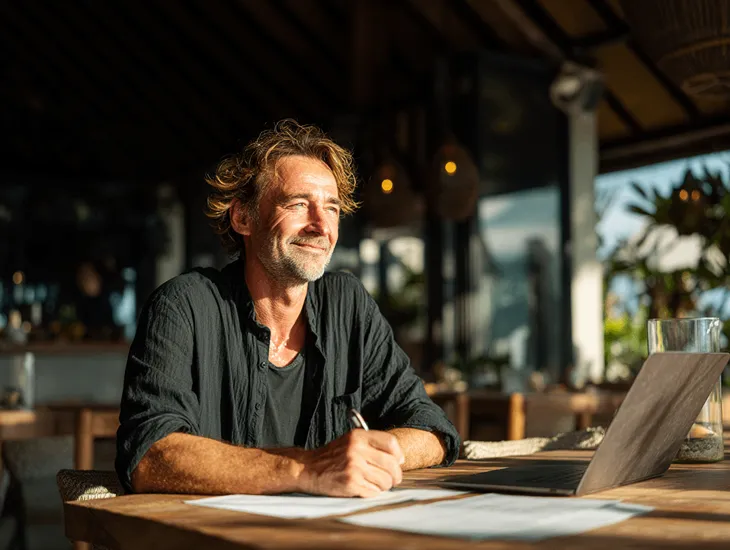 Foreign entrepreneur in Bali reviewing DGT Charter taxpayer rights and PT PMA tax compliance documents for Indonesia