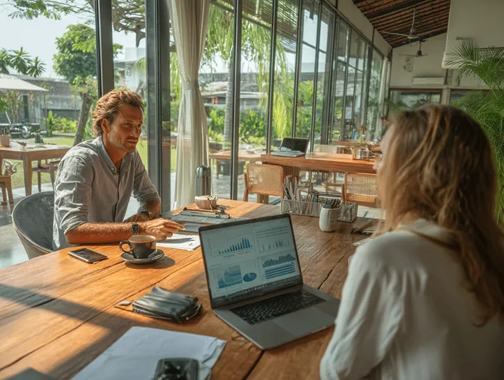 PT PMA owner in Bali reviewing digital sales and VAT reports with accountant on Coretax DJP Online to ensure accurate annual tax return compliance