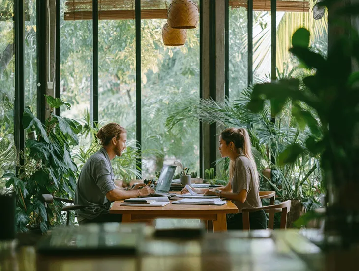 PT PMA owner in Bali reviewing Coretax DJP Online dashboard with accountant to verify MSME tax-free facility eligibility and digital turnover records for accurate reporting and compliance
