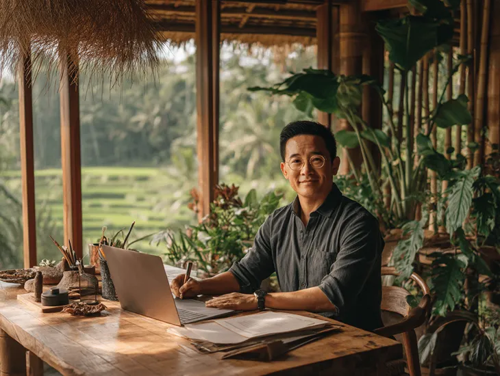 Foreign PT PMA e-commerce owner in Bali reviewing online sales and digital tax invoices with accountant to ensure compliance with Ministry of Finance Indonesia rules and VAT reporting
