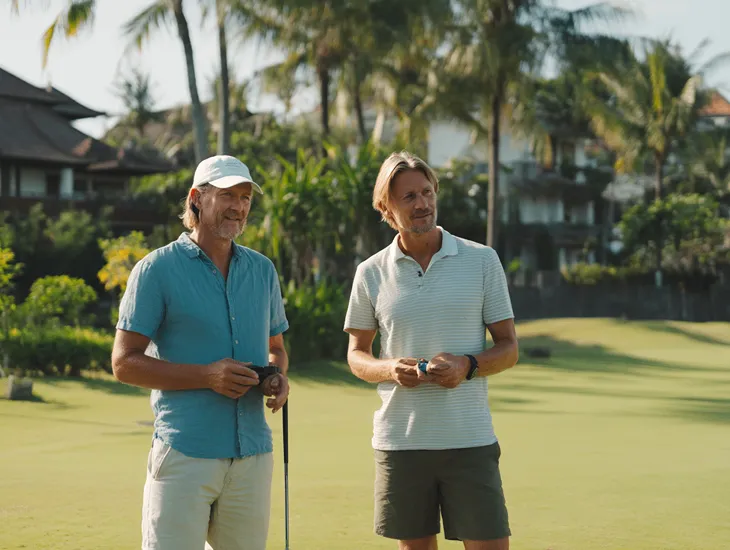 Foreign PT PMA executives in Bali discussing golf-related corporate expenses and tax deductions under Indonesia’s entertainment tax rules