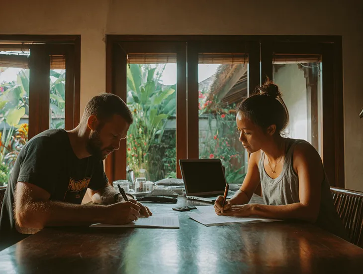 Foreign PT PMA owner in Bali reviewing Coretax DJP Online refund status with accountant to ensure compliance and approval of overpaid tax return under Indonesia’s fiscal regulations