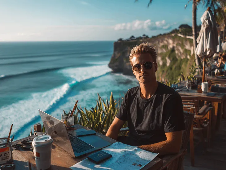 Foreign PT PMA owner in Bali using Coretax DJP Online on laptop to ensure digital tax compliance and accurate VAT and income tax reporting under Indonesia’s Directorate General of Taxes system