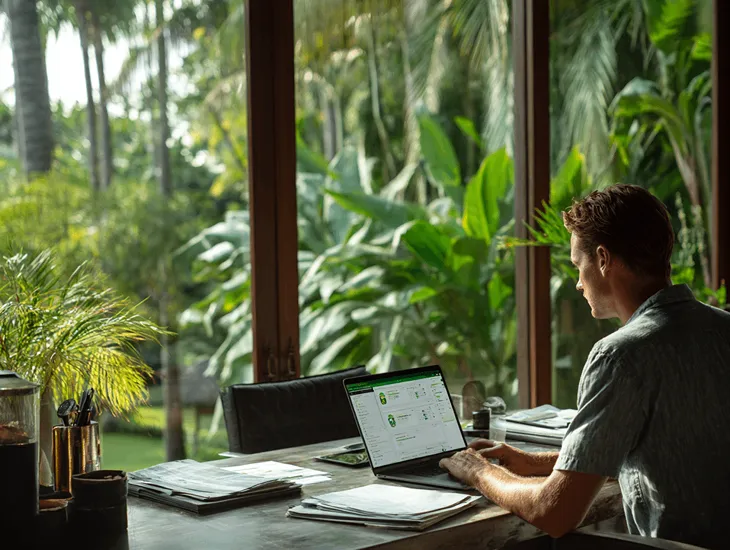 PT PMA business owner in Bali using Coretax DJP Online system on laptop to make verified tax deposits and ensure compliance with Indonesian regulations
