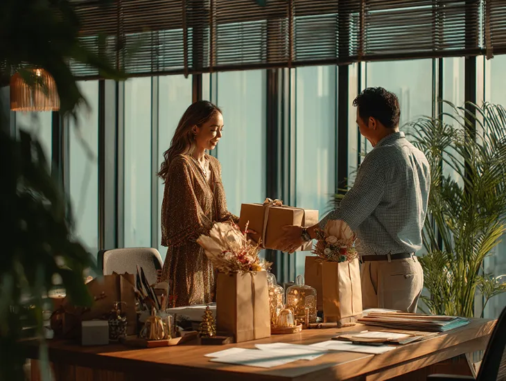 Australian PT PMA owner in Canggu reviewing Eid bonus and gift expense reports with accountant to ensure DJP Online tax compliance and accurate PPh 21 documentation for Bali employees.