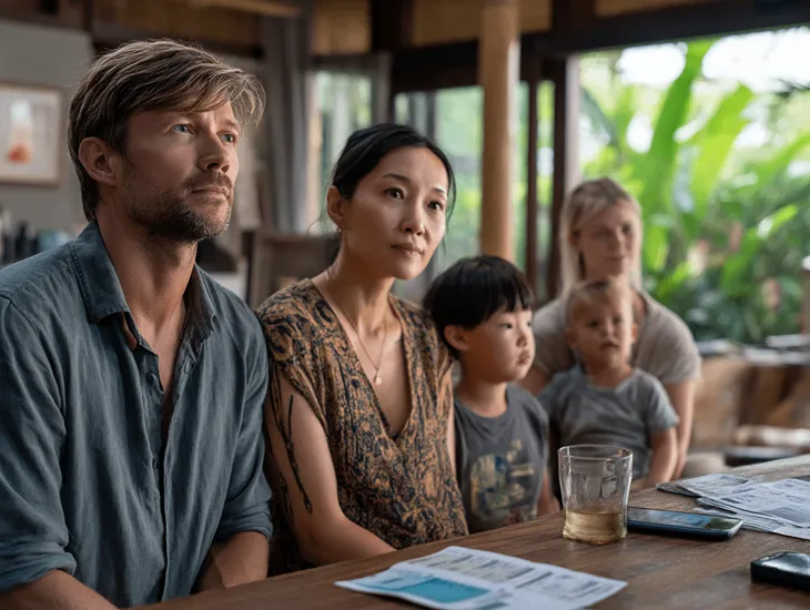 Indonesian family holding Kartu Keluarga while checking receipts and budgeting at home.
