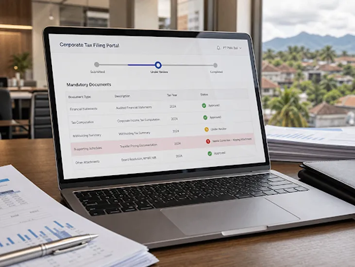 Annual Tax Return for Companies – mandatory documents, strict review windows, and portal status updates, with missing data triggering resubmission.
